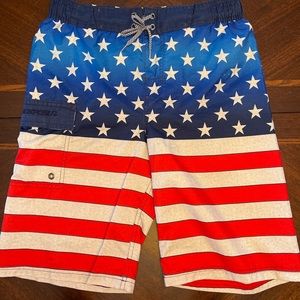 ZeroXposur Boys Size 14/16 Red White Blue Flag Swim Trunks Side Pocket